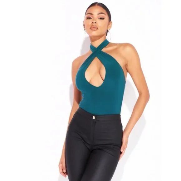 Green Sleeveless Halter Neck Keyhole Open Back Bodycon Bodysuit Leotard Top - Picture 10 of 13